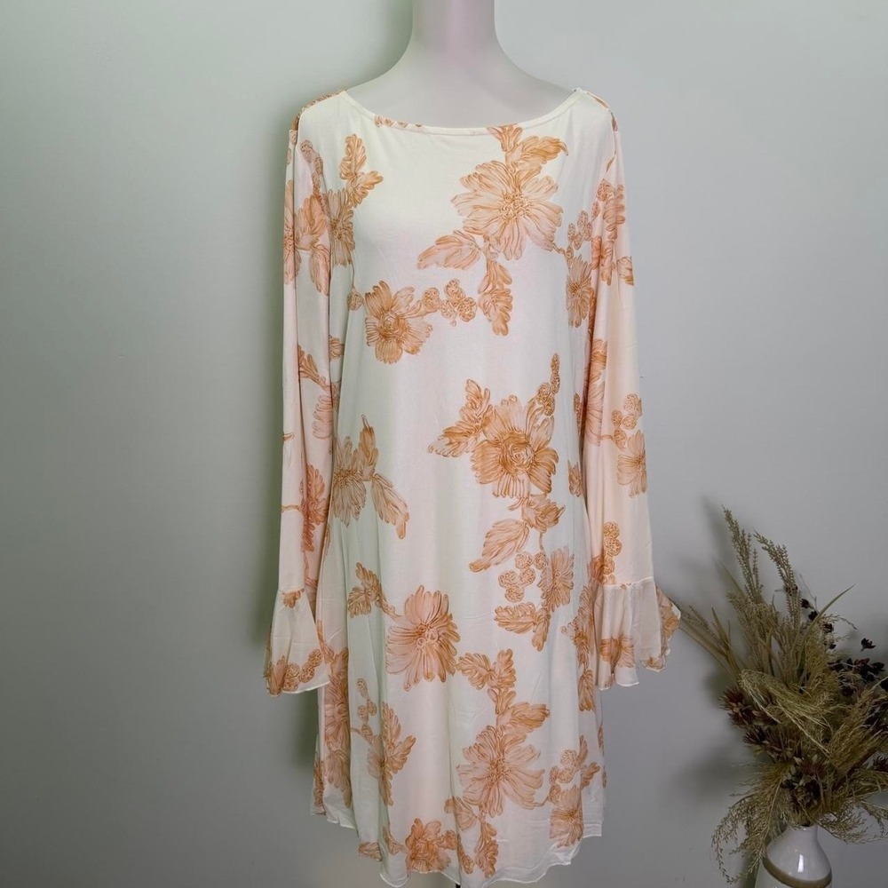 PrettyGarden Dress Size XXL Cream Floral Mesh Long Sleeve Bell Cuff